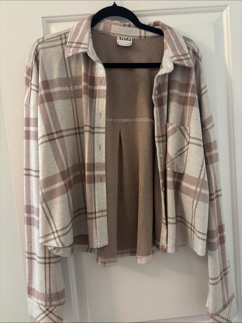ARULA Cream and Dusty Pink Plaid Overshirt